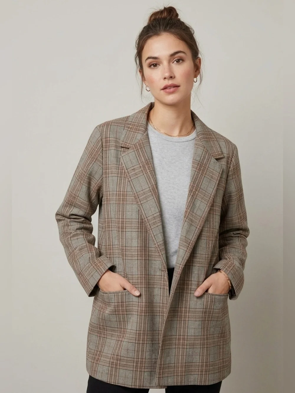 POL Oversized Single Breasted Button Plaid Boyfriend Blazer Relaxed Size M